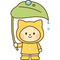 Cute Cartoon Child Wearing Yellow Raincoat and Hood with Cat Ears Holding a Large Green Leaf as an Umbrella with Water Droplets Falling on Transparent Background Adorable Style Illustration