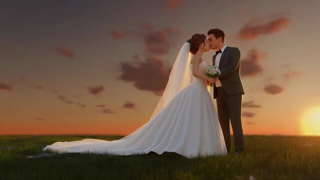 A romantic wedding couple stands in a vibrant green field, bathed in the warm glow of a beautiful sunset.
