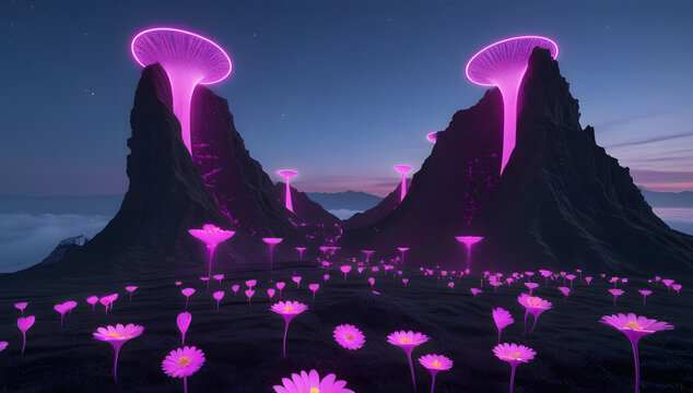 Mystical Night Lagoon with Floating Glowing Jellyfish Mushrooms - Powered by Adobe