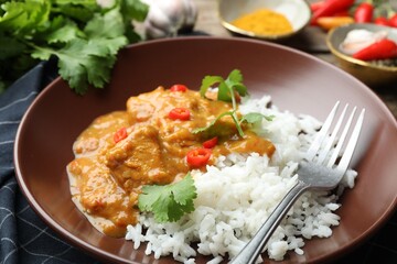 Chicken tikka masala with rice served on table, closeup