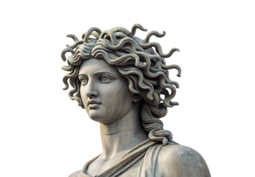 Classical statue head with serpentine hair viewed from side, isolated on a transparent background - Powered by Adobe