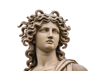 Stone sculpture featuring figure with snake-adorned hair looking upward, isolated on a transparent background