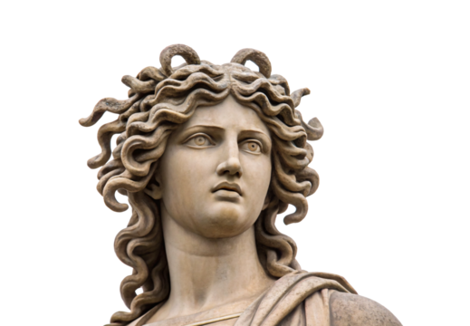 Stone sculpture featuring figure with snake-adorned hair looking upward, isolated on a transparent background