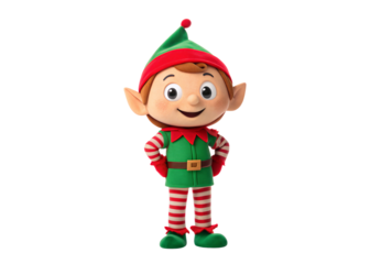 Clay-style Christmas elf character in traditional green suit with pointed hat, isolated on a transparent background