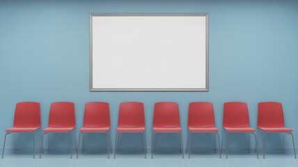 Above the chairs, centered on the wall, is a large, empty rectangular white canvas or frame with a simple silver border, suggesting a space for branding, an advertisement.
