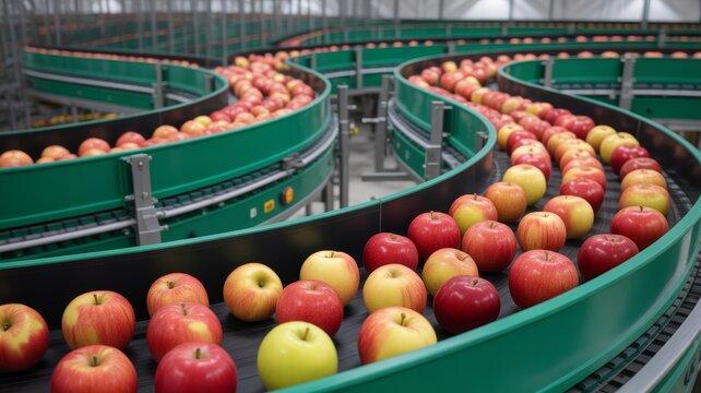 Apples, primarily red and yellow varieties, are moving rapidly along multiple parallel, curving conveyor belts, which are a dark green color.