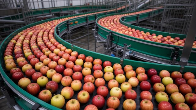 Apples, primarily red and yellow varieties, are moving rapidly along multiple parallel, curving conveyor belts, which are a dark green color.