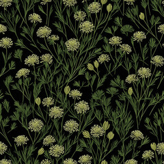 Fototapeta premium Seamless pattern with dill plants and flowering umbels in botanical herbal style on dark background for wallpaper and textile design - AI generated