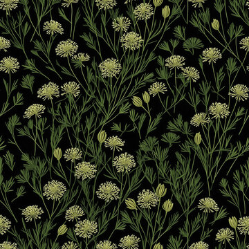 Seamless pattern with dill plants and flowering umbels in botanical herbal style on dark background for wallpaper and textile design - AI generated