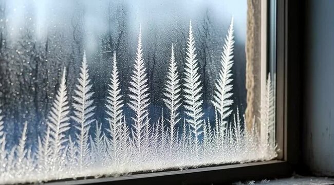 Frosted window with fern patterns creating a wintery scene  