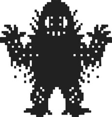 Fototapeta premium Pixelated monster silhouette with raised hands retro 8 bit design, blocky digital figure, video game creature illustration