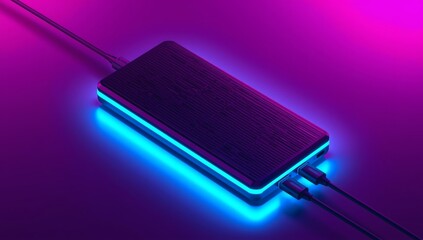 Sleek dark rectangular device illuminated by vibrant neon blue and magenta glowing edges