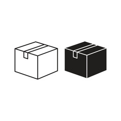 Two cardboard shipping boxes, outline and solid silhouette icon set
