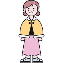 Full Body Portrait Of A Smiling Young Woman With Pink Pigtails Wearing A Yellow Capelet Black Top Pink Skirt And Blue Sneakers Standing On A Transparent Background