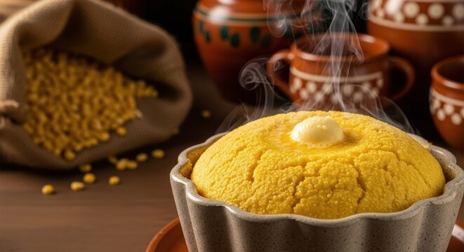 Steamed Brazilian Cuscuz Nordestino &ndash; Golden Cornmeal Cake with Butter in Ceramic Mold, Corn Sack & Sert&atilde;o Pottery Backdrop, Dry Northeastern Light Photography