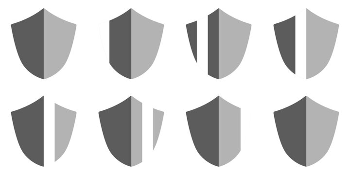 8-Frame Sprite Sheet of Glowing Shiny Metallic Grey Shield Defence Icon Set for Game or App Animation. Vector Image.