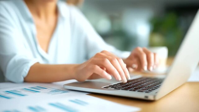 Laptop and documents hands business defocused woman accounting, faceless financial work, budget visualization detail, blurred research background, audit concept, typing interface,