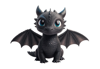 Baby black dragon, blue eyes, textured scales, membrane wings, adorable plush toy design, isolated on a transparent background