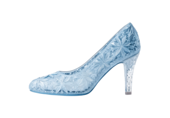 Crystal shoe, blue glitter, snowflake pattern, transparent heel, winter princess slipper, magical footwear, isolated on a transparent background