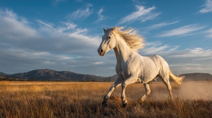 Majestic equine in motion: white horse sprinting through meadow