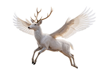 White winged deer flying antlers magical creature graceful fantasy elegant, isolated on a transparent background