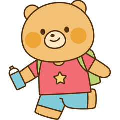 Cute Cartoon Bear Character Wearing A Red Shirt Blue Shorts And Green Backpack Walking With A Water Bottle A Cheerful And Playful Animal Illustration With A Transparent Background