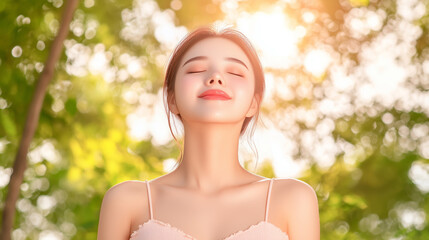 Young woman enjoying peaceful moment in nature with sunlight filtering through leaves, representing harmony and tranquility