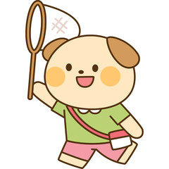 Cute cartoon dog character wearing a green shirt pink shorts and a red bag holding a butterfly net ready for outdoor adventure with a smiling expression and a transparent background