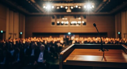 Focus on Stage: A hushed room filled with anticipation, the stage stands ready for the keynote speaker, the microphone a solitary sentinel awaiting the address of the day.
