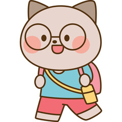 Cute Cartoon Cat Character With Glasses And Backpack Walking Happy On Transparent Background