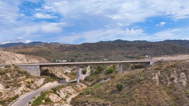 Aerial over new rail bridge for the AVE Murcia to Almeria high speed railway line