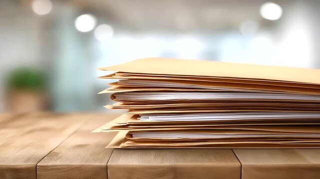 Stack of paper documents folders defocused wooden desk, faceless office environment, paperwork visualization detail, blurred bright background, modern concept, storage interface, o
