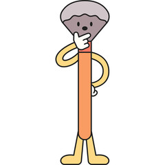 Cute Cartoon Makeup Brush Character Pondering with Orange Handle and Gray Bristles on Transparent Background