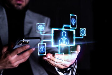 Business man holding digital executive management interface
