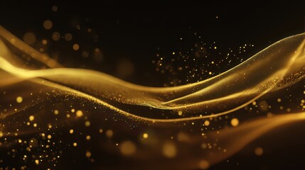 Metallic gold abstract composition with particle lines, glowing accents, and a layered grid in a cosmic setting
