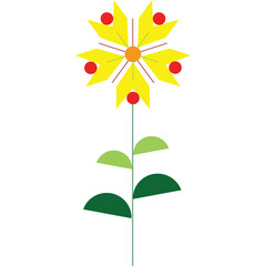 Stylized yellow flower with red accents and green leaves on a transparent background simple graphic design botanical illustration clean vector art
