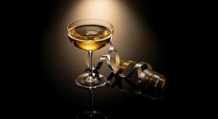 An elegant coupe glass of sparkling champagne illuminated by a spotlight against a dark background with a festive ribbon.