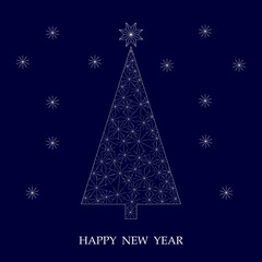 White beautiful Christmas tree and cute snowflakes. Card. Vector illustration. space for text.