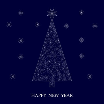 White beautiful Christmas tree and cute snowflakes. Card. Vector illustration. space for text.