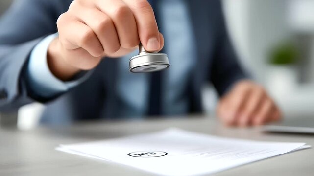 Businessman sealing documents with stamp defocused in office, faceless working environment, approval visualization detail, blurred desk background, official concept, stamp interfac