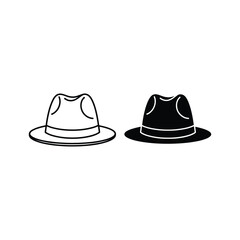 Two fedora hat icons, one outline and one solid black