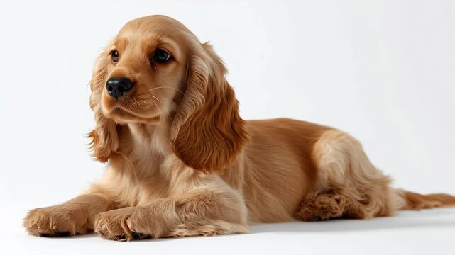 Cute golden cocker spaniel puppy lying down and looking curiously around the room