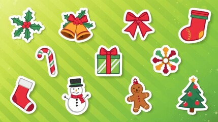 Fototapeta premium Set of cute cartoon Christmas stickers with white outlines on a green background.