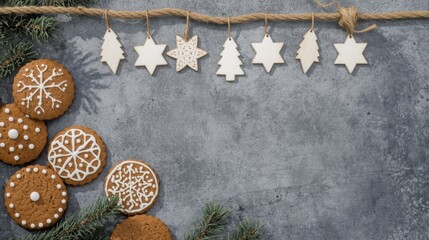 Gingerbread cookies and star ornaments hanging on a rope on a grunge background.