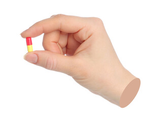 Hand holds drug pill, isolated on transparent background, medical concept. Contemporary art design