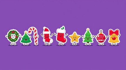 Obraz premium Cute cartoon Christmas characters holding hands in a line on purple background.