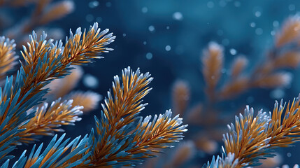 Close up pine branch with frosty needles and soft bokeh winter mood