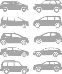 Car silhouette icons set side, front, back, and top views vector art illustration. Vector set illustration of simple deformed various types of car icons pictograms Different cars and icons Set Car.