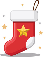 A red Christmas stocking with white trim and a gold star, surrounded by small stars.