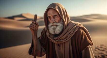 Old man with a staff walking in a vast desert. Biblical prophet or wanderer concept for religious texts and historical themes.